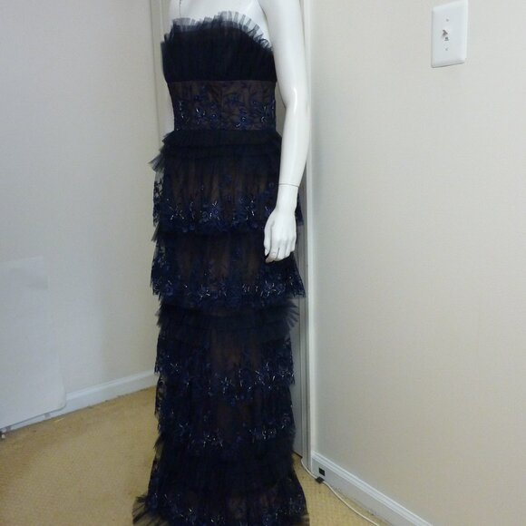MARCHESA Tiered Terrarium Column Gown In Midnight - Picture 8 of 12